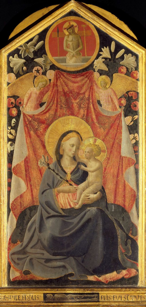 Jomfruen og barnet med to engler. av Fra Giovanni Angelico da Fiesole