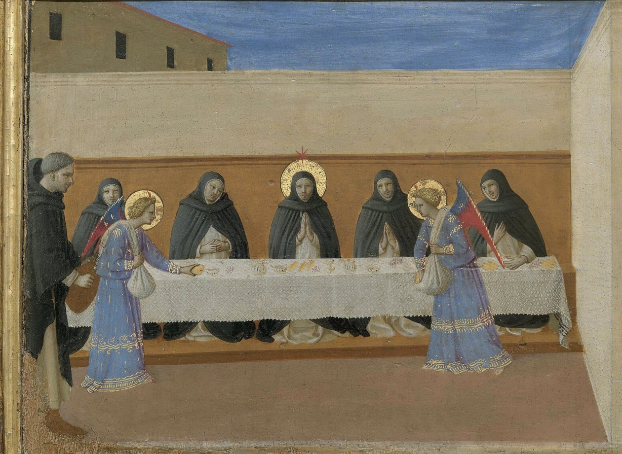 Englene serverer middag til brødrene. Cortona Polyptych detalj av predella, ca 1437. av Fra Giovanni Angelico da Fiesole