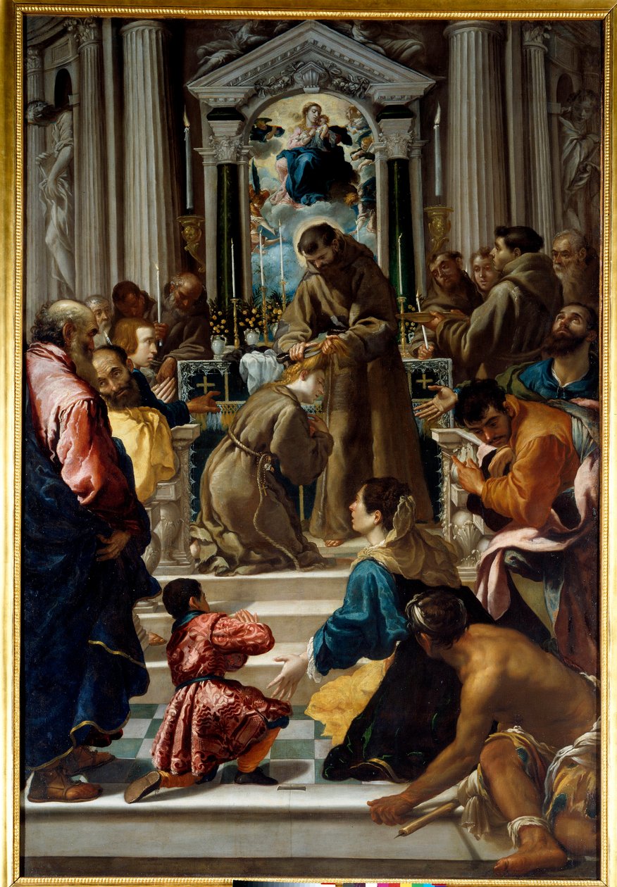 Saint Francois av Assisi (1181-1223) klipper håret til Saint Claire (1193-1253). Maleri av Semplice De Verona (1589-1654) Ec. Ital. av Fra Semplice da Verona