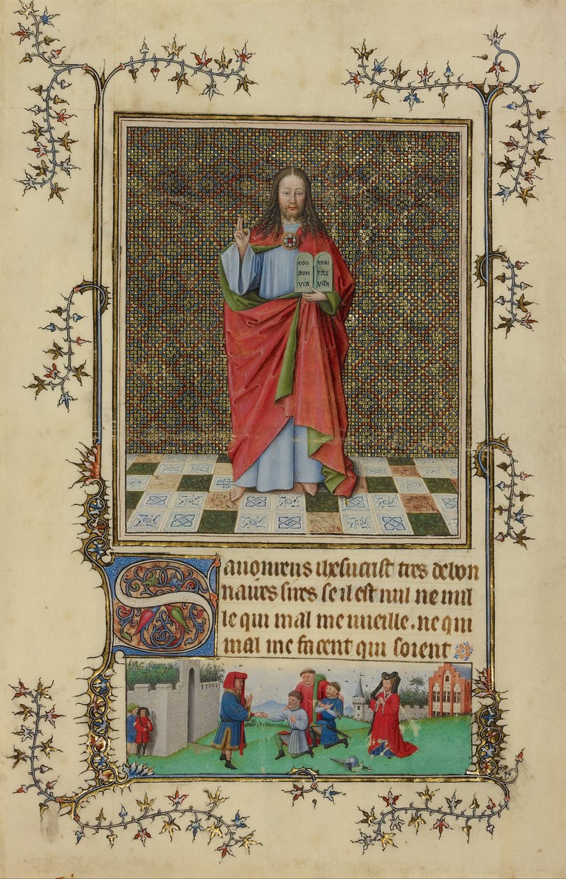 Kristus velsignelse, miniatyr fra bønneboken til Très Belles Heures fra Notre-Dame, splittet manuskript av Français