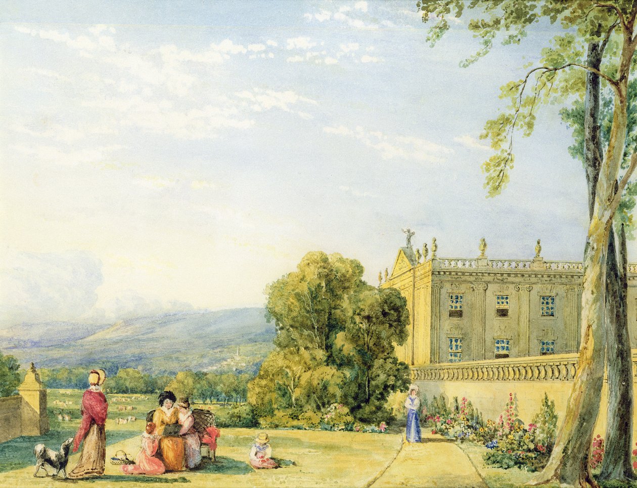 Utsikt over Chatsworth, Derbyshire, ca. 1820 (par 85759) av Frances Elizabeth Swinburne