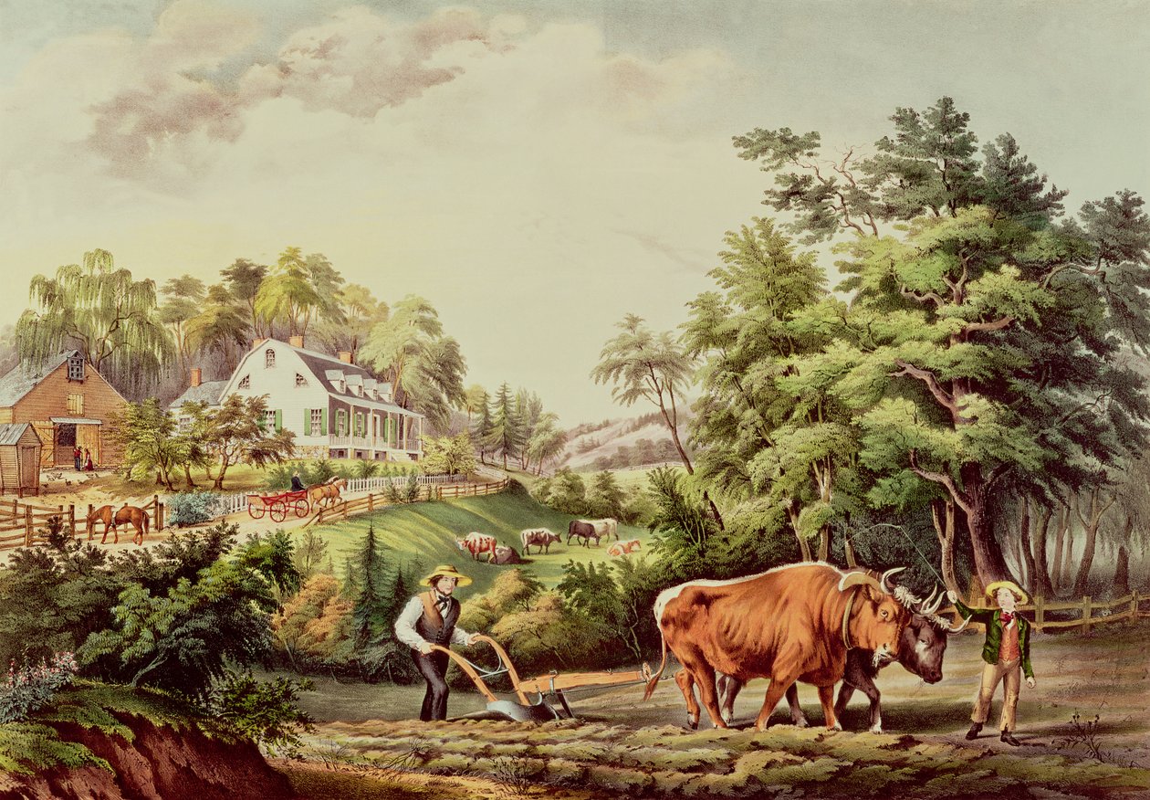 American Farm Scenes, gravert av Nathaniel Currier (1813-98) pub. av Currier og Ives, New York av Frances Flora Bond Palmer