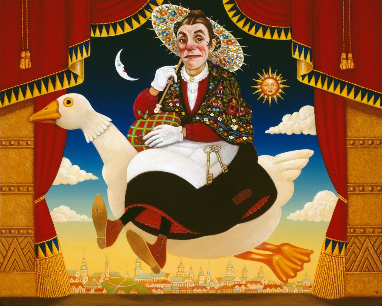 Dan Leno (1860-1904) som Mother Goose, 1996 (olje og tempera på panel) av Frances Broomfield