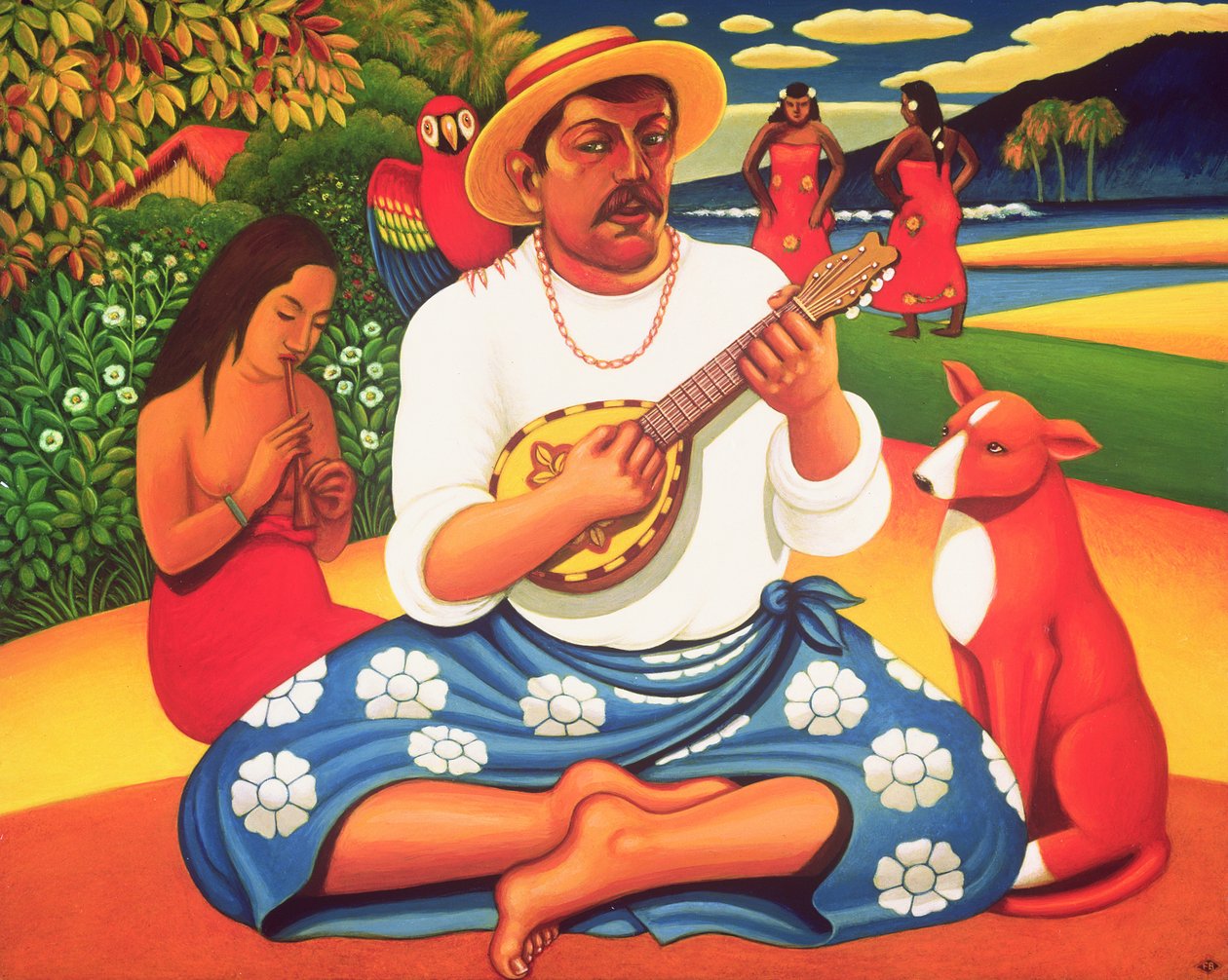Gauguins Fantasy Island, 2005 (olje og tempera på panel) av Frances Broomfield