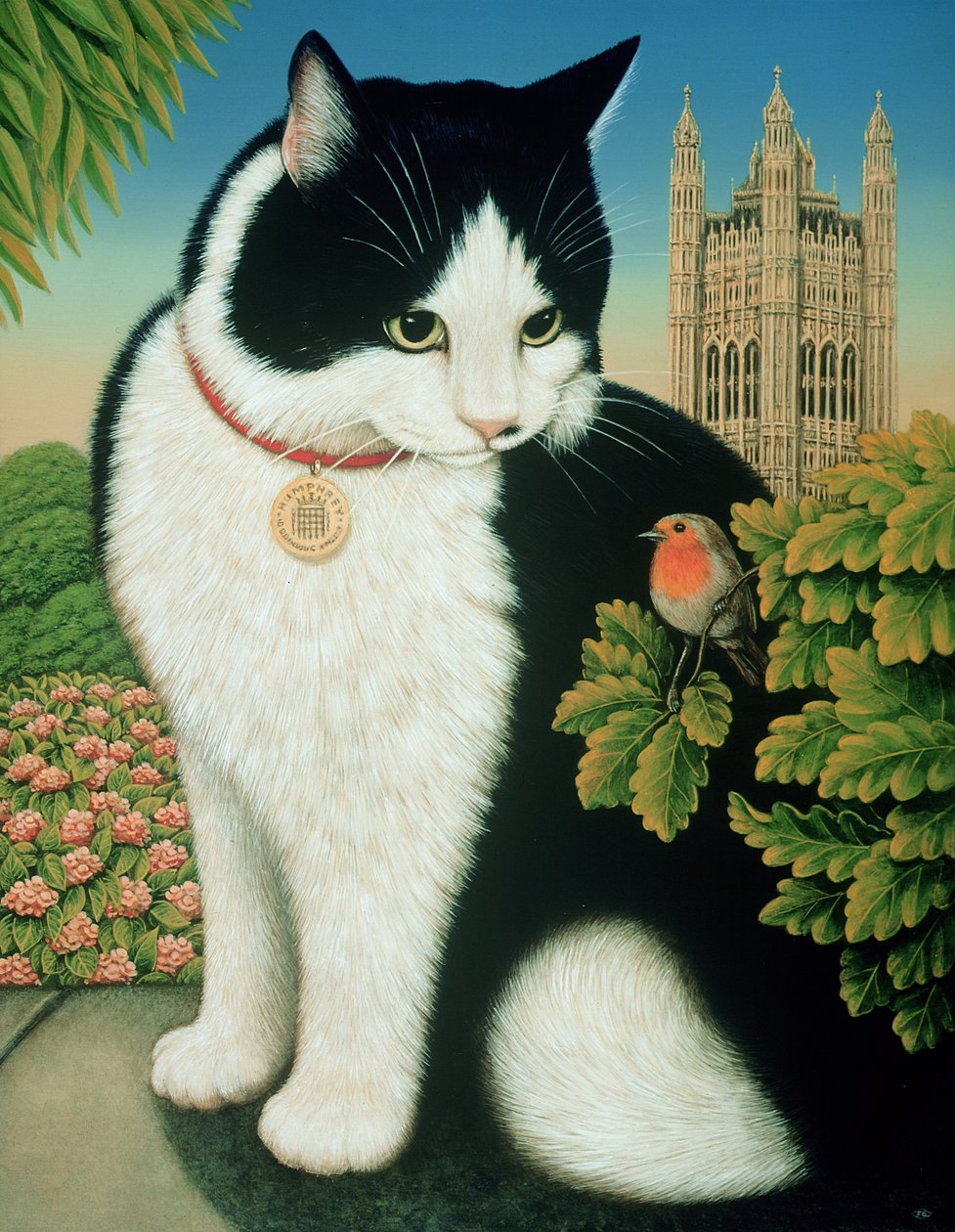 Humphrey, Downing Street Cat, 1995 (olje og tempera på panel) av Frances Broomfield