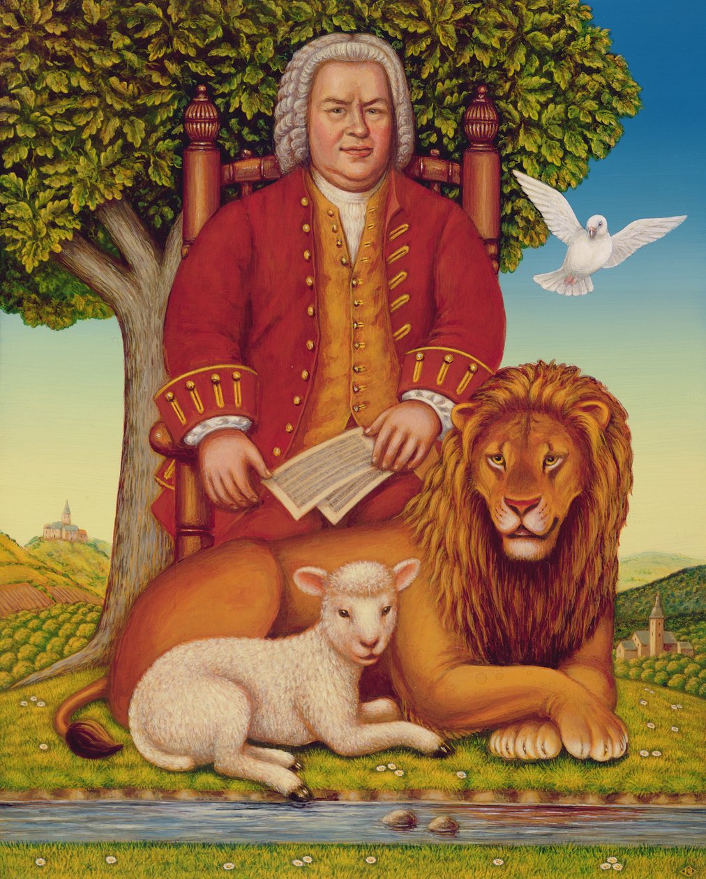 J.S. Bach (1685-1750) Peaceable Kingdom, 2000 (olje og tempera på panel) av Frances Broomfield