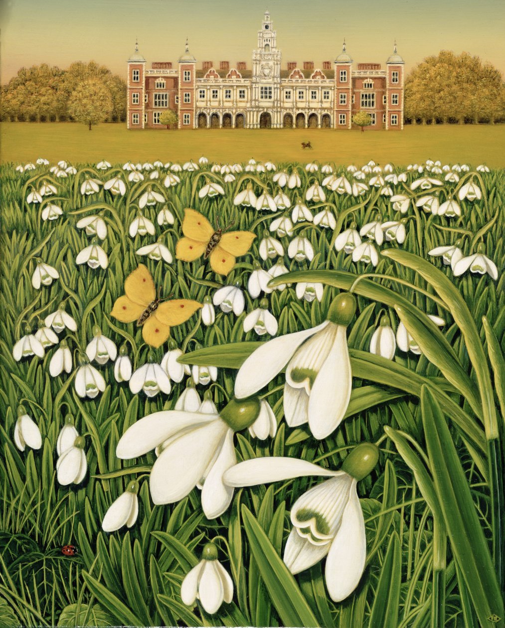 Snowdrop Day, Hatfield House, 1999 (olje og tempera på feltet) av Frances Broomfield