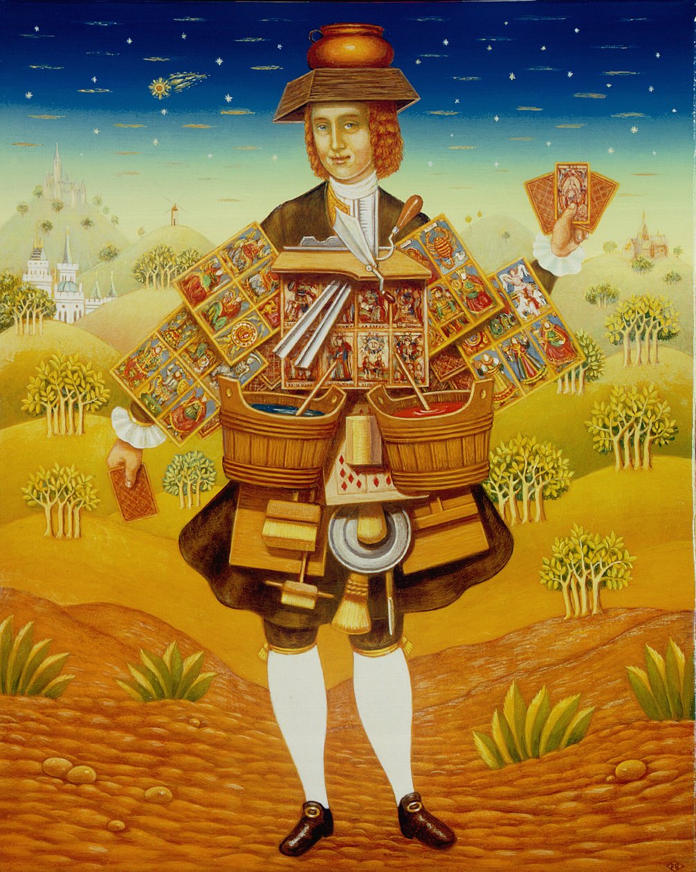 Kortselgeren, 2003 (olje og tempera på panel) av Frances Broomfield