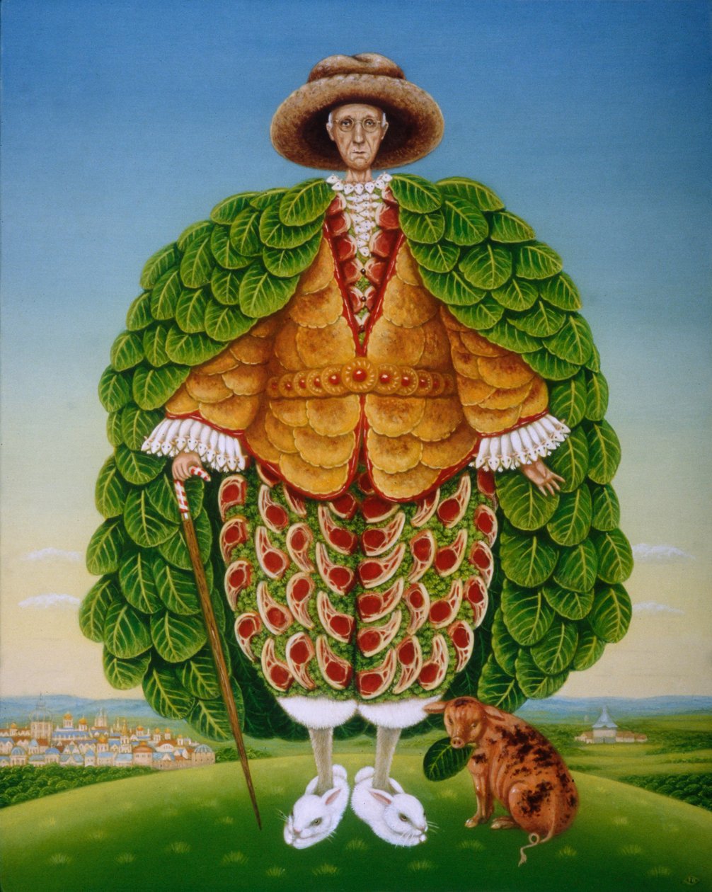 The New Vestments (Ivor Cutler som karakter i Edward Lear-diktet), 1994 (oljer og tempera på panel) av Frances Broomfield