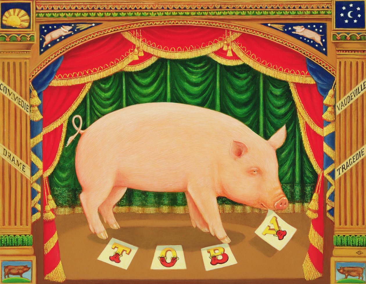 Toby the Learned Pig, 1998 (olje og tempera på panel) av Frances Broomfield