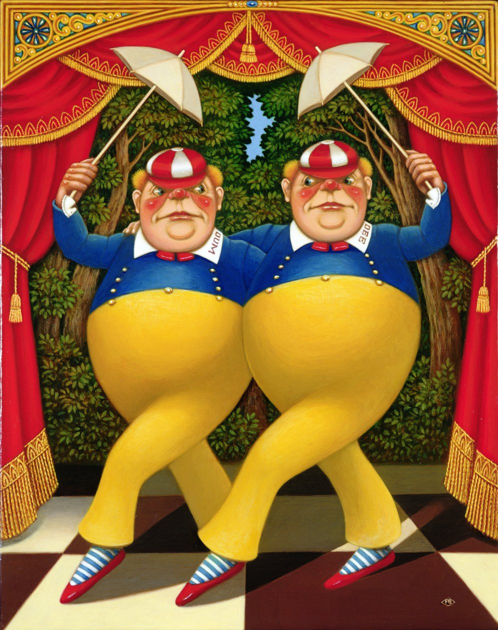 Tweedledum og Tweedledee, 1998 (olje og tempera på panel) av Frances Broomfield