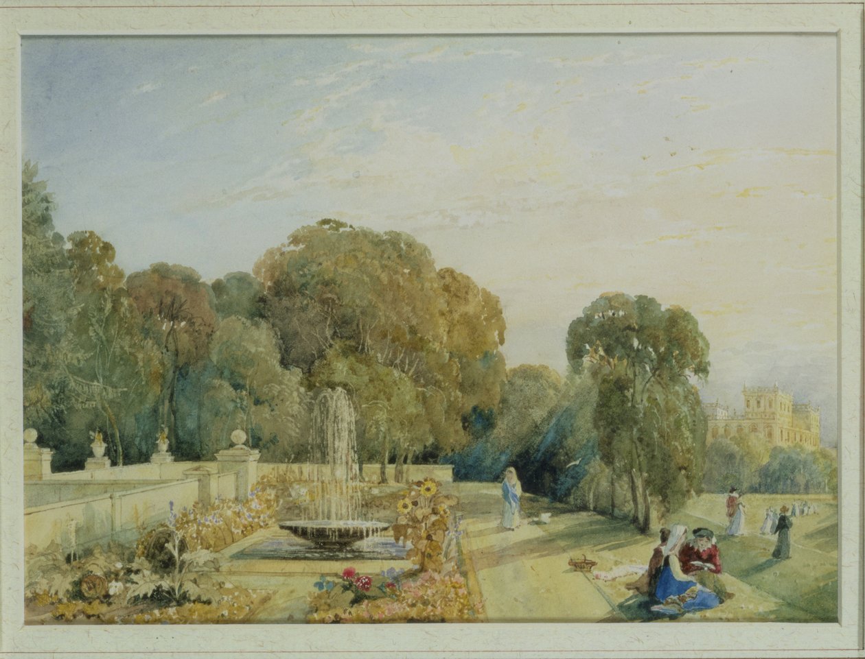 Utsikt over hagene ved Chatsworth, Derbyshire, ca. 1820 (par 85760) av Frances Elizabeth Swinburne