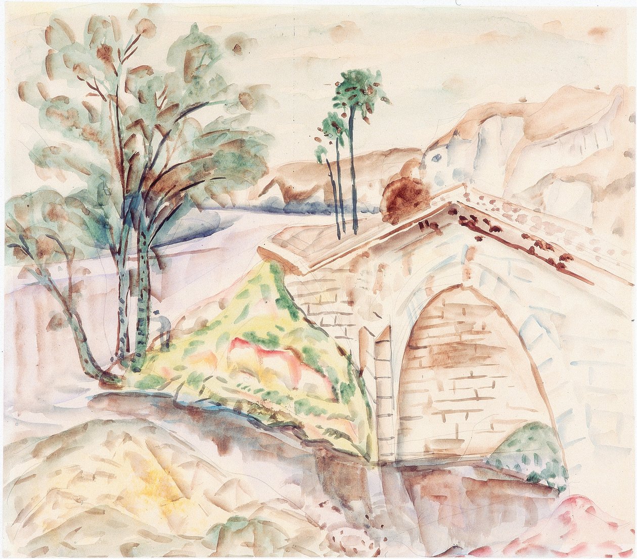 The Bridge (blyant og akvarell på papir om bord) av Frances Hodgkins