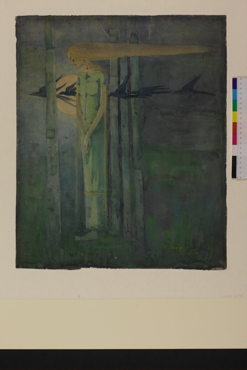 "Ill Omen", eller, "Jente i østenvinden med ravner som passerer månen" 1893 av Frances Macdonald
