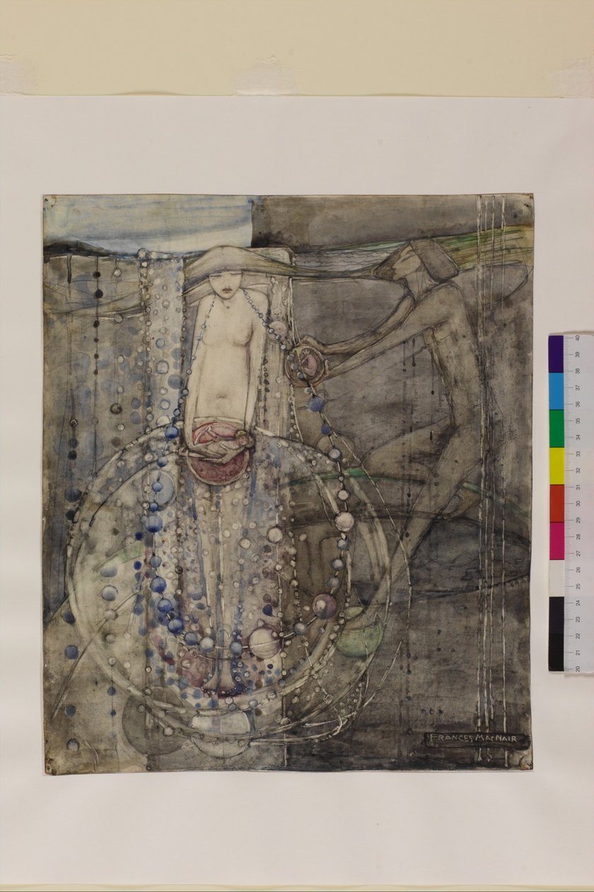 Mannen lager livets perler, men kvinnen må tre dem, ca. 1912-15 av Frances Macdonald
