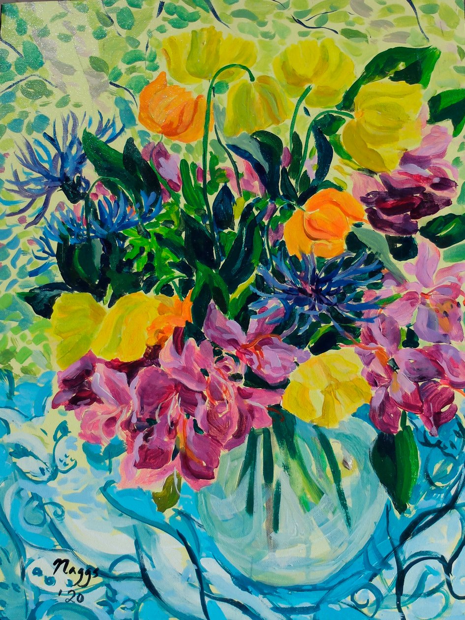Vårbukett (Rhododendron og walisiske valmuer), 2020 (akryl på lerret) av Frances Naggs