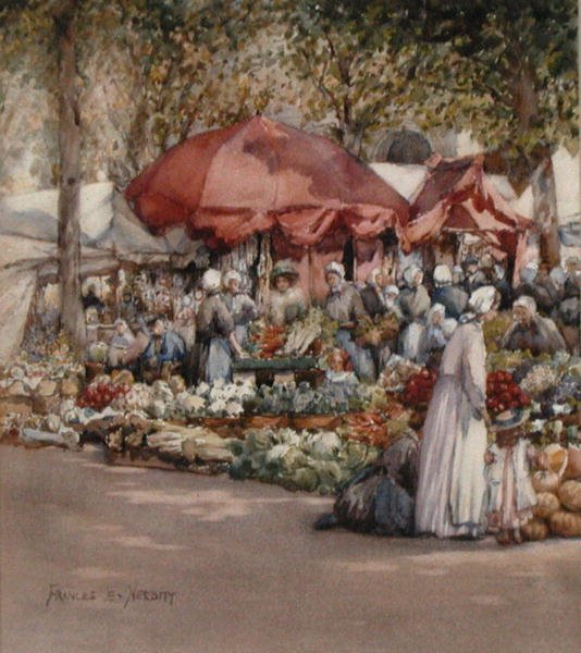 Markedsdag, Nord-Frankrike ca. 1910 (akvarell på papir) av Frances Nesbitt