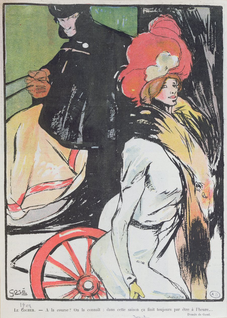 Tegneserie som viser en drosjemann med en kurtisane, 1901 av Francesc Xavier Gosé