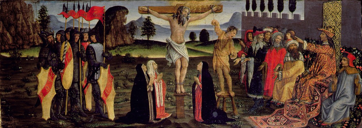 The Crucifixion, predella-panel fra Sakramentenes tabernakel, ca. 1484-6 (tempera på panel) (detalj fra 94757) av Francesco Botticini