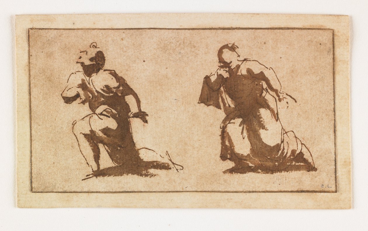 Studie av to knelende mannsfigurer (penn og brunt blekk og vask) av Francesco Allegrini