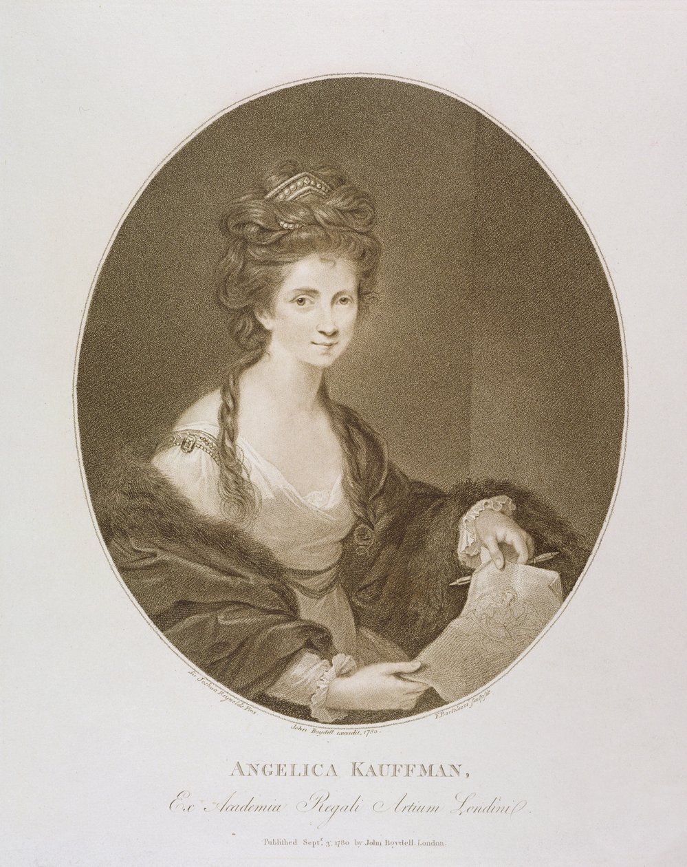 Angelica Kauffman, etter Reynolds, 1780 (stippgravering) av Francesco Bartolozzi