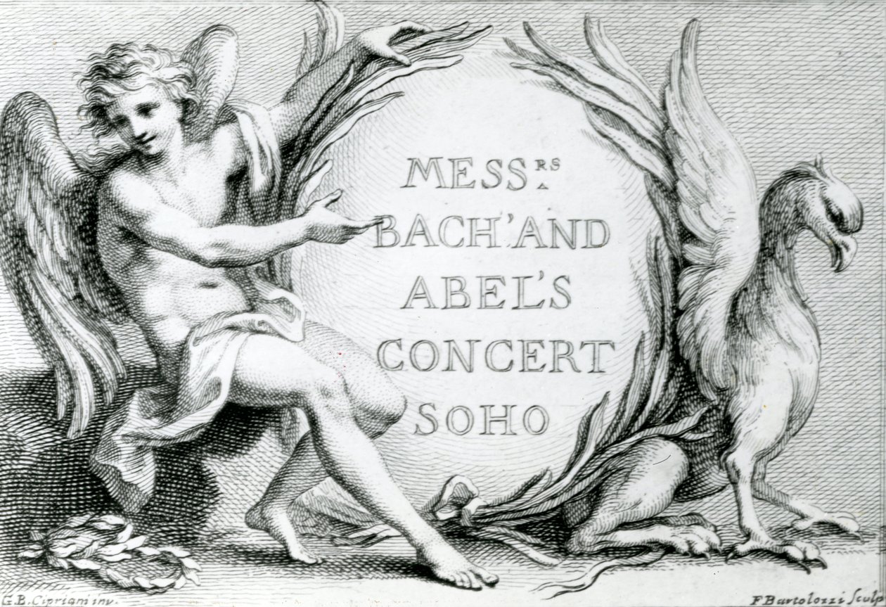 Bach og Abels konsert Soho, 1870 (gravering) av Francesco Bartolozzi