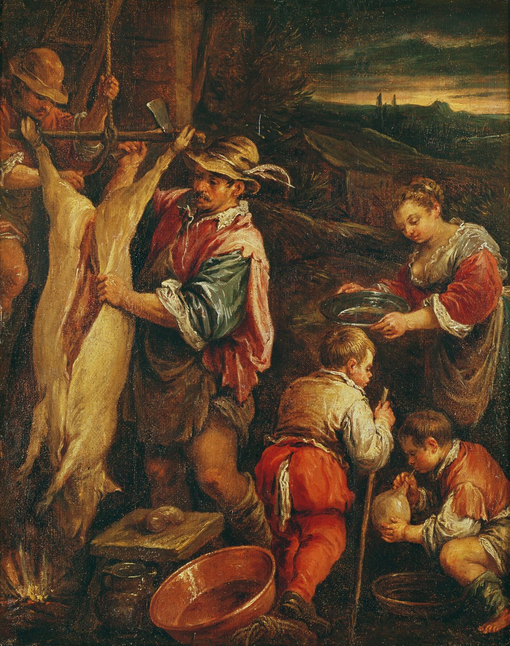 En bonde som flår et svinekjøtt av Francesco Bassano