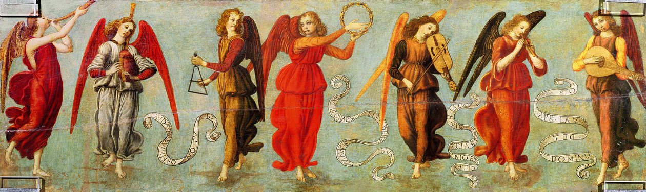 Engler som spiller musikkinstrumenter, ca. 1475-97 (tempera på panel) av Francesco Botticini