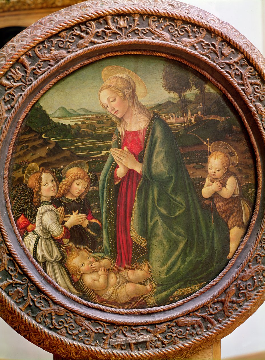Jomfruen som tilber Kristusbarnet med døperen Johannes og to engler (tempera på panel) av Francesco Botticini