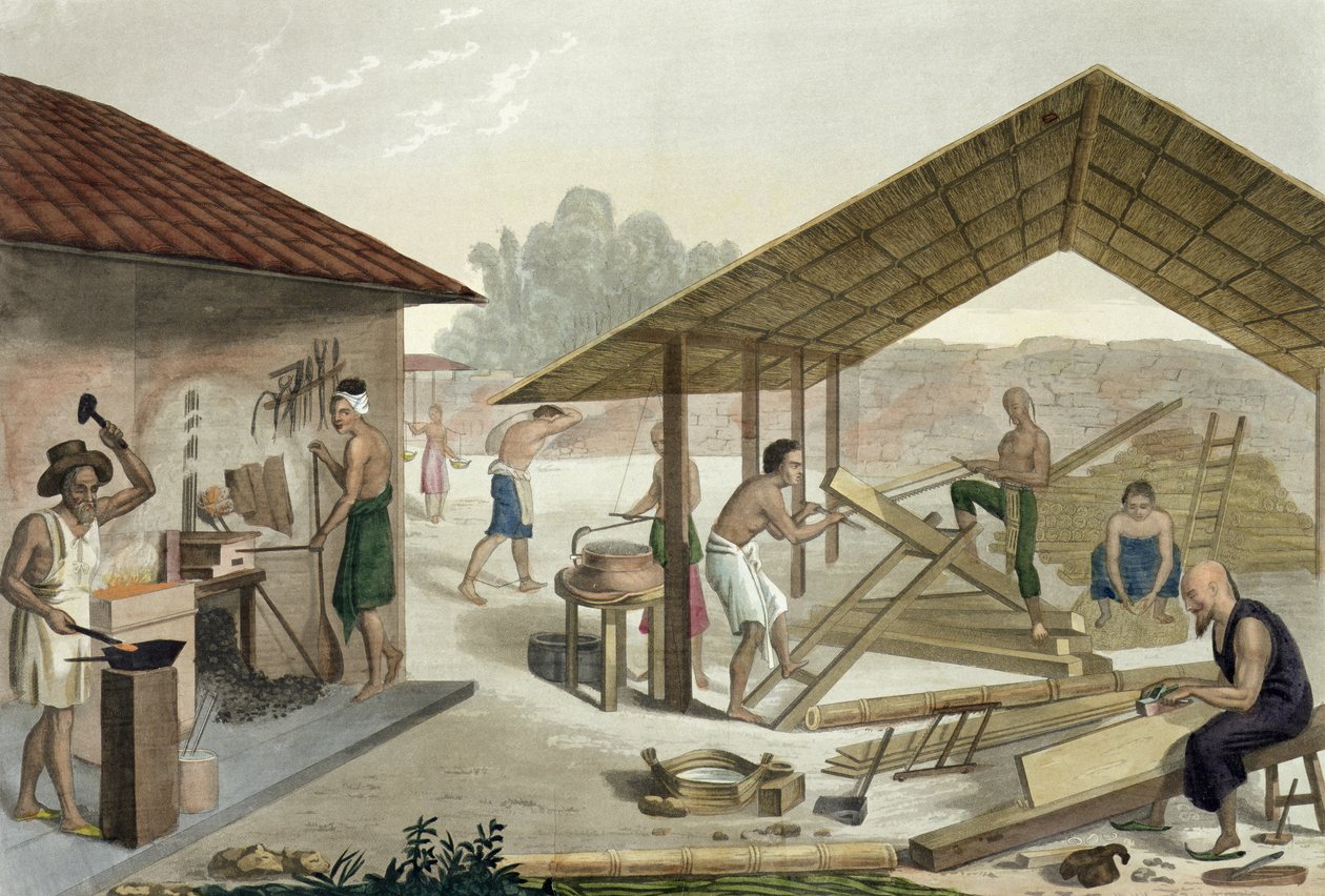 Snekkerverksted i Kupang, Timor, plate 6 fra Le Costume Ancien et Modern av Jules Ferrario, utgitt ca. 1820-30-tallet av Francesco Citterio
