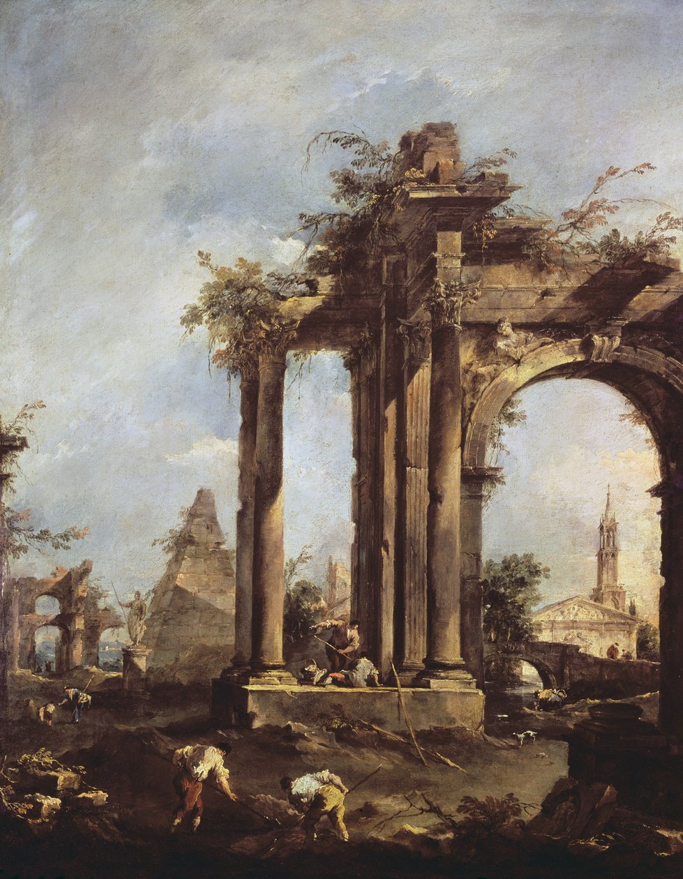 Capriccio med romerske ruiner, en pyramide og figurer, 1760-70 av Francesco Guardi