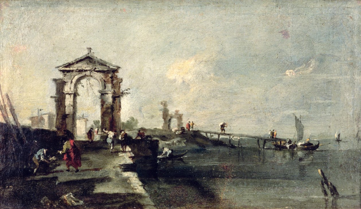 Capriccio med bue og landingsbane, ca. 1750 av Francesco Guardi