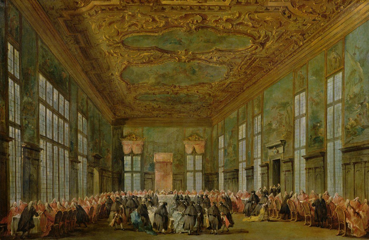 Doge Alvise Mocenigo IV (1701-78) Å gi en bankett for ambassadørene, 1776-78 av Francesco Guardi