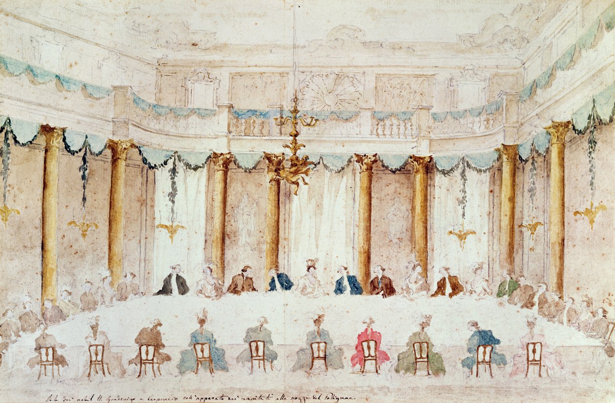 Festmiddag gitt for å feire Armands bryllup (1771-1847) hertugen av Polignac til baronessen Idalia av Neukirchen i Villa Gradenigo, Carpenedo, 1790 (wc over grafitt med penn og blekk på papir av Francesco Guardi