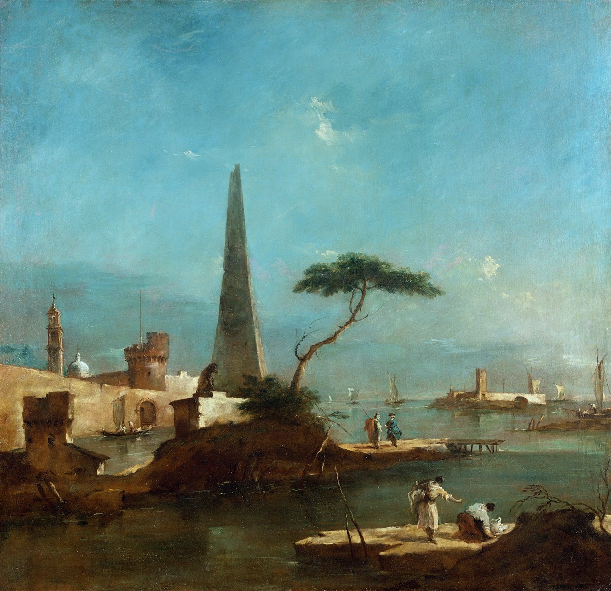 Obelisk ved inngangen til en inngjerdet havn av Francesco Guardi
