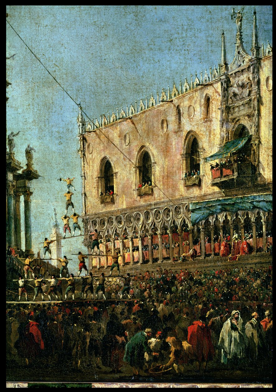 Doge in the Shrove Tuesday Festival på Piazzetta, Venezia, detalj av akrobatene olje på lerret av Francesco Guardi