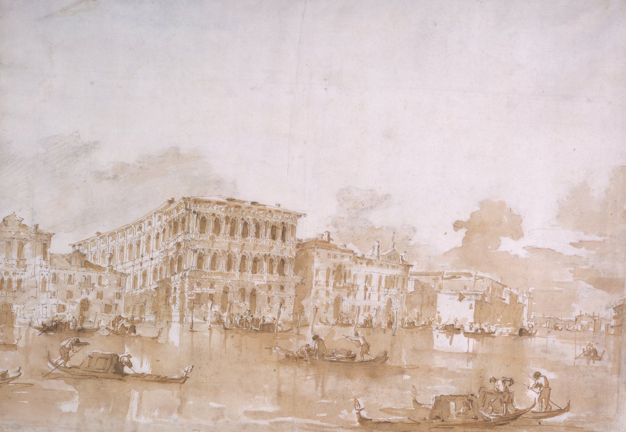 Canal Grande med Ca' Pesaro, Venezia (kritt med penn og blekk og brun vask på papir) av Francesco Guardi