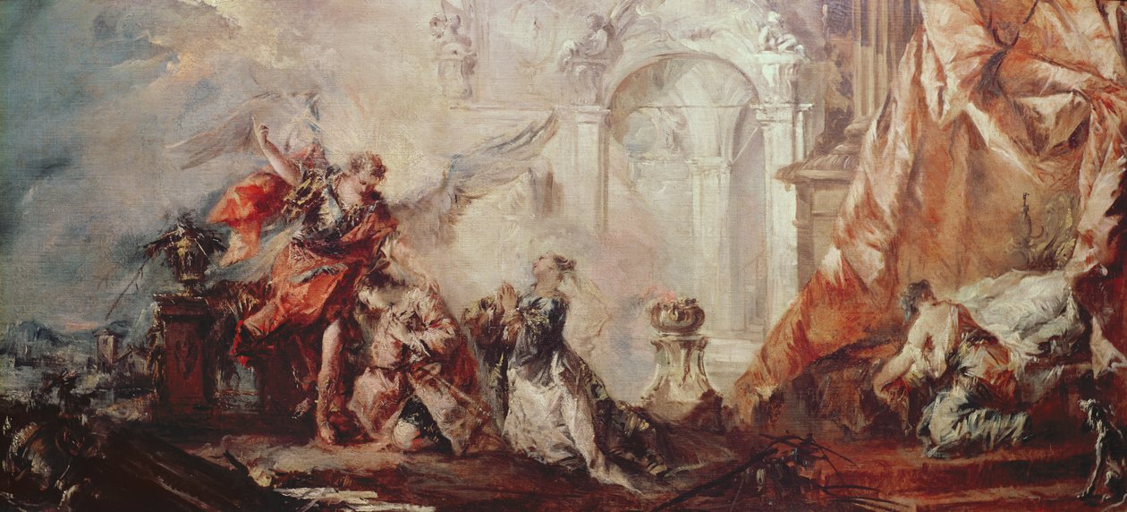 The Marriage of Tobias, detalj av ekteparet Sara og Tobias før Raphaels mellomledd som takker Gud, c.1750 olje på lerret av Francesco Guardi