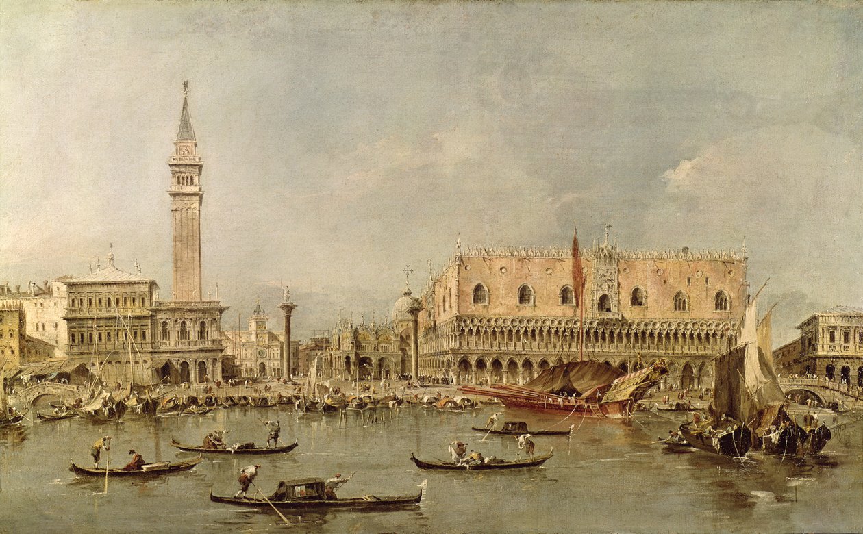 Piazzetta og Palazzo Ducale fra San Marco-bassenget av Francesco Guardi