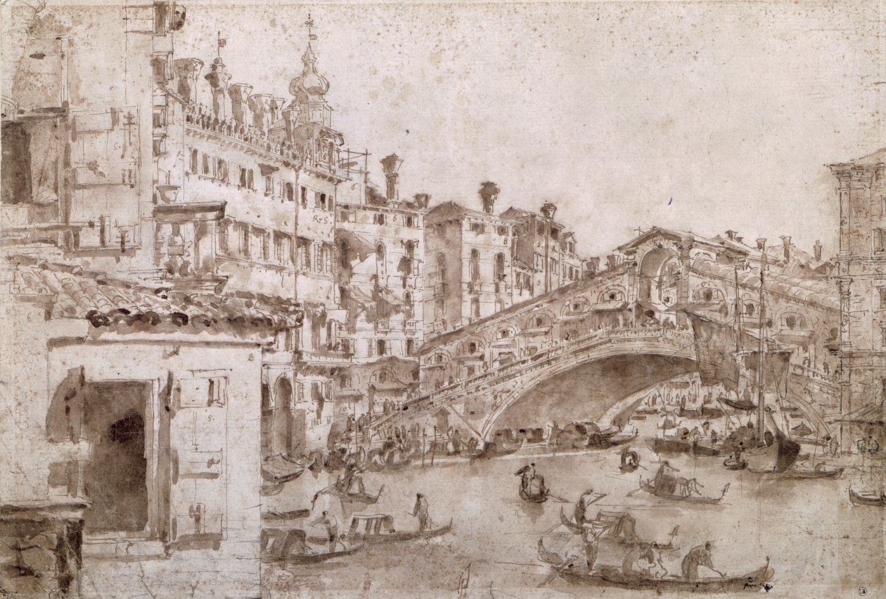 Rialtobroen, Venezia (penn og brunt blekk på papir) av Francesco Guardi
