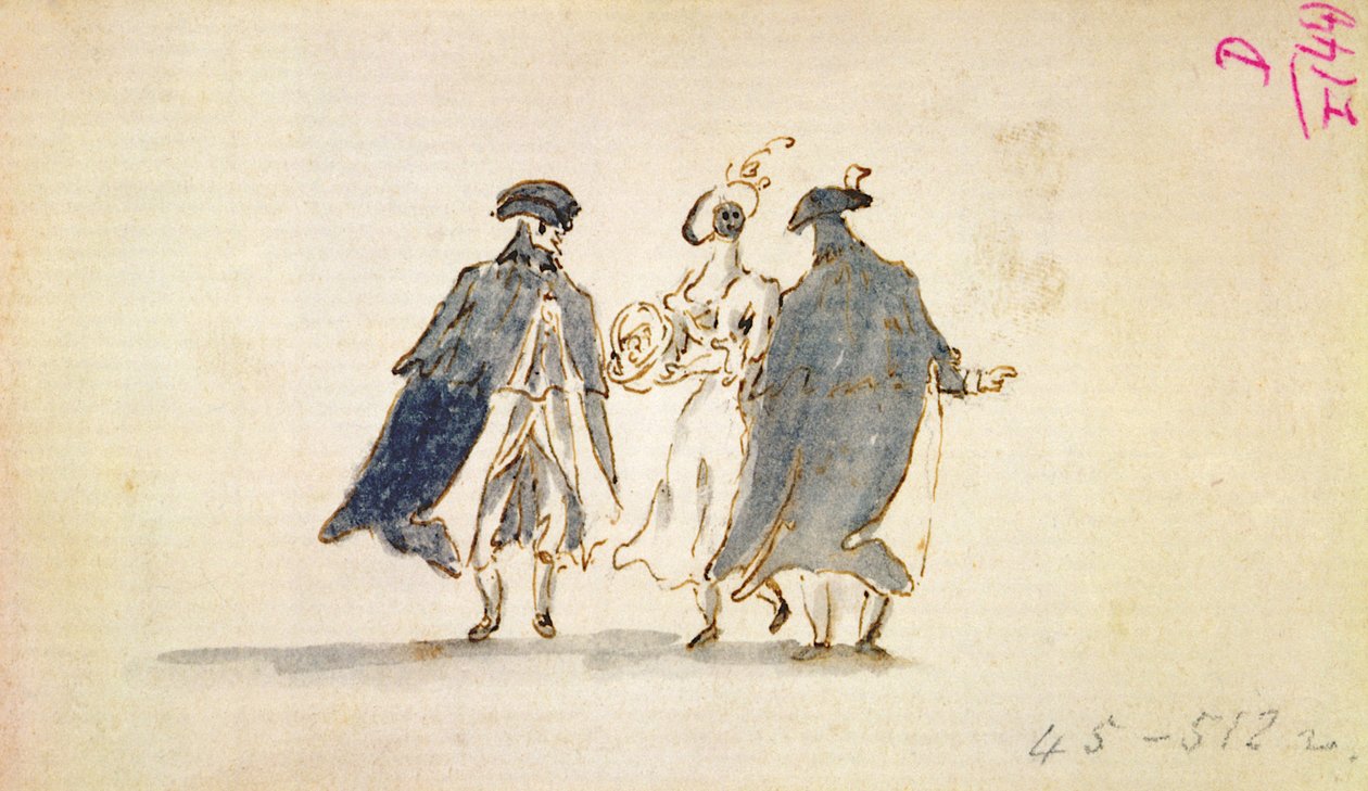Tre maskerte figurer i karnevalskostyme av Francesco Guardi