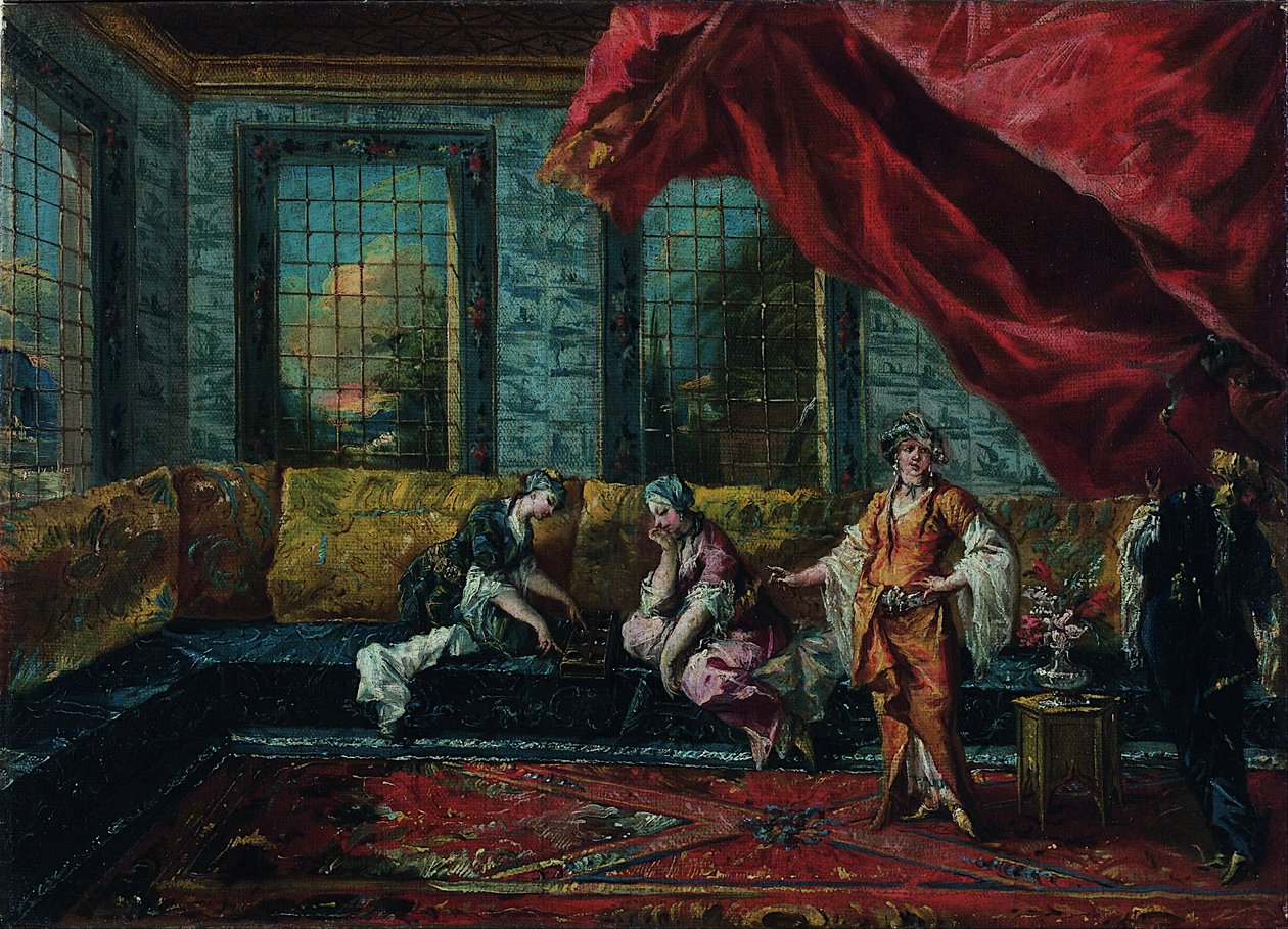 To Odalisques spiller Mancala i Harem av Francesco Guardi