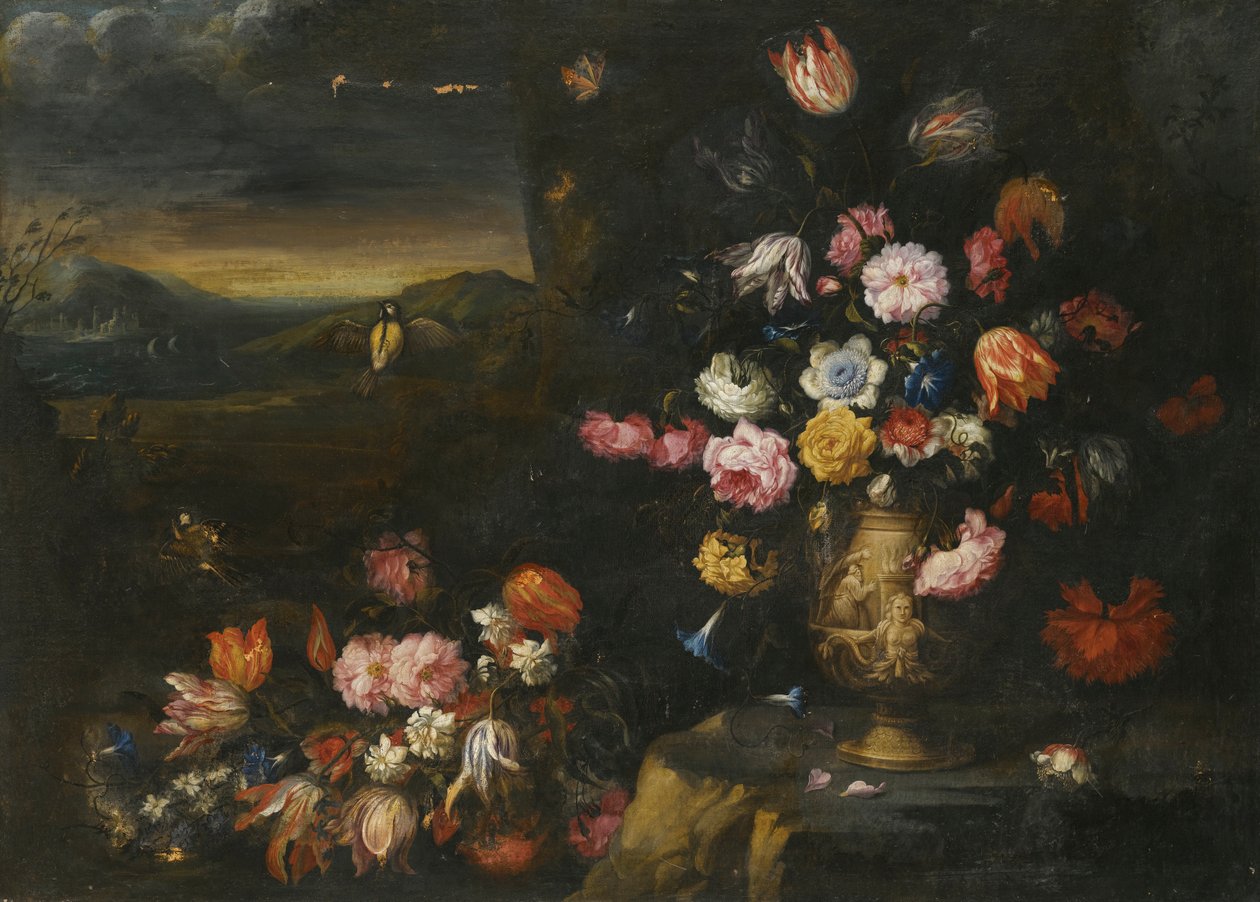 Stilleben med blomstervase i kystlandskap av Francesco Mantovano