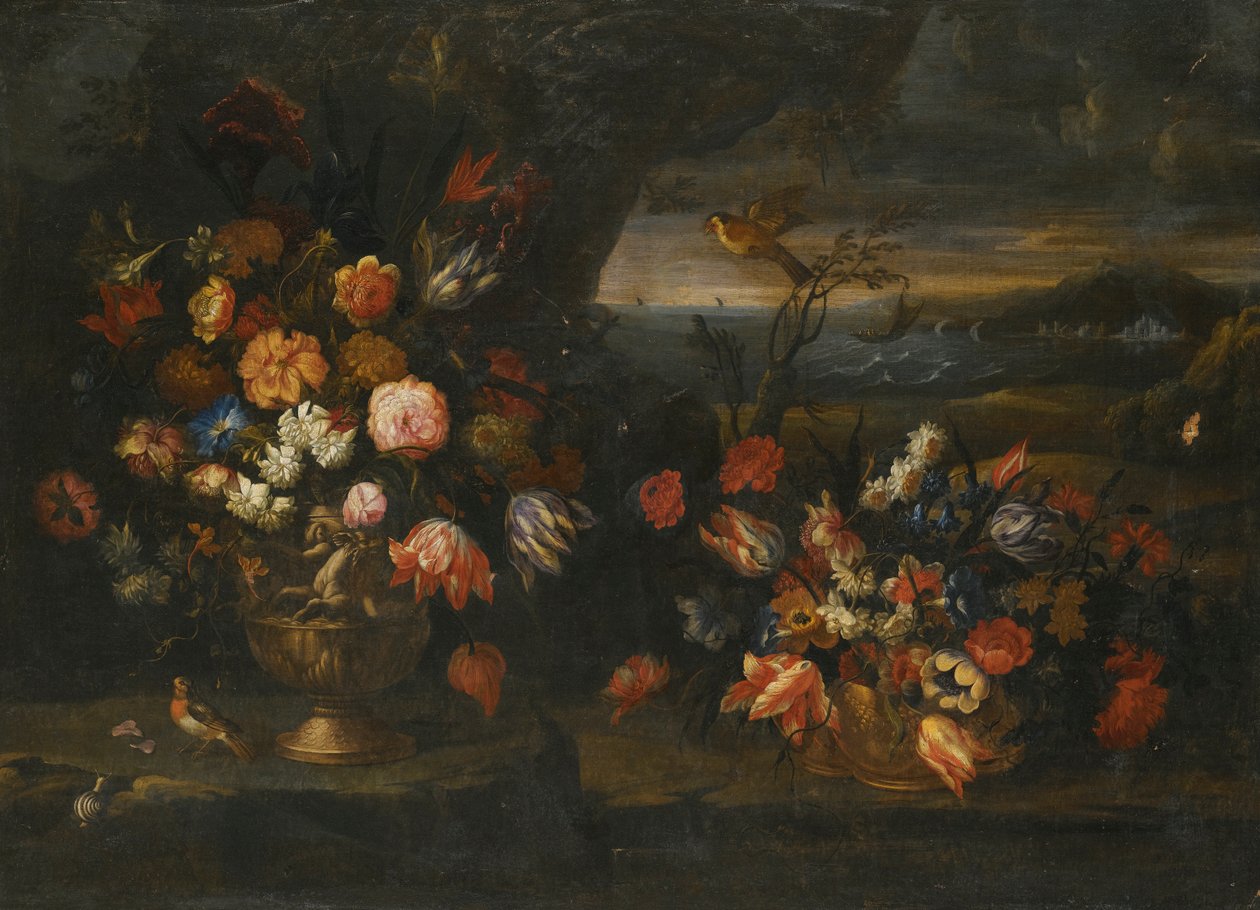 Stilleben med blomstervase i kystlandskap av Francesco Mantovano