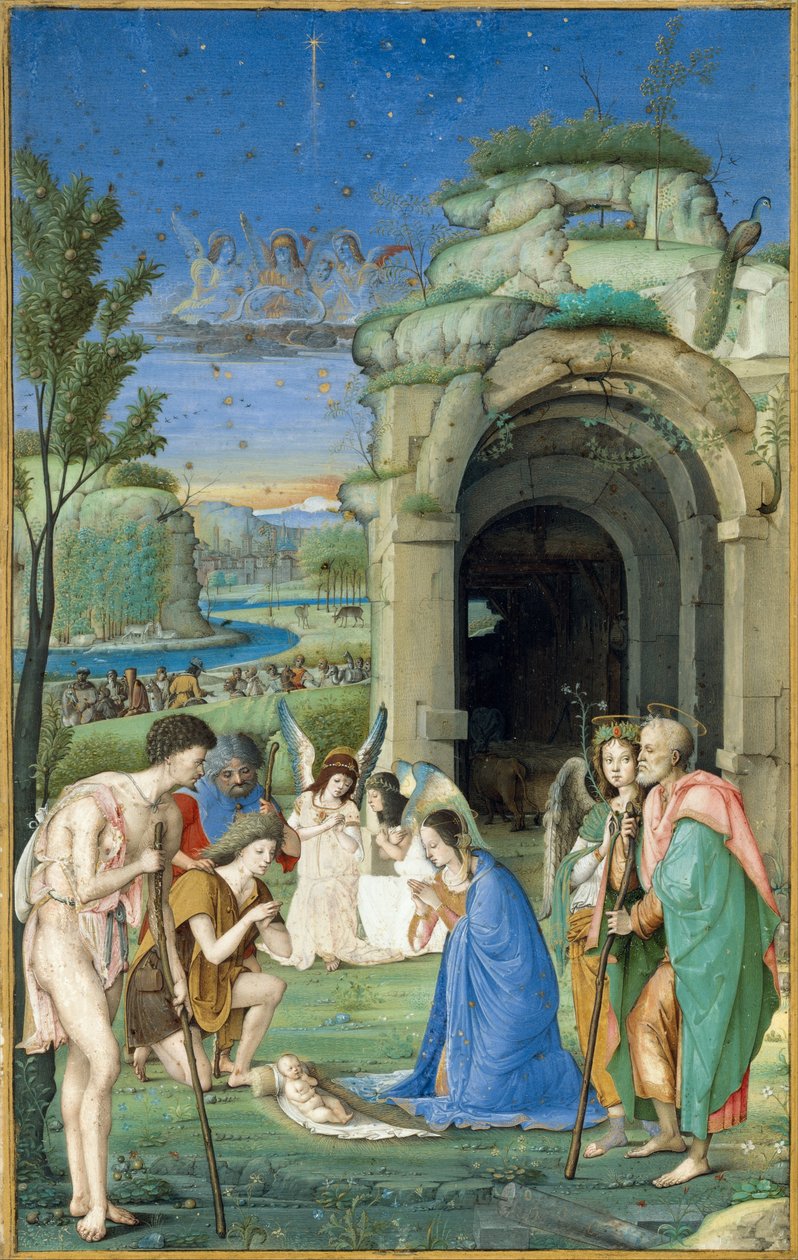 Tilbedelse av hyrdene, ca. 1500 (tempera og gull på pergament) av Francesco Marmitta