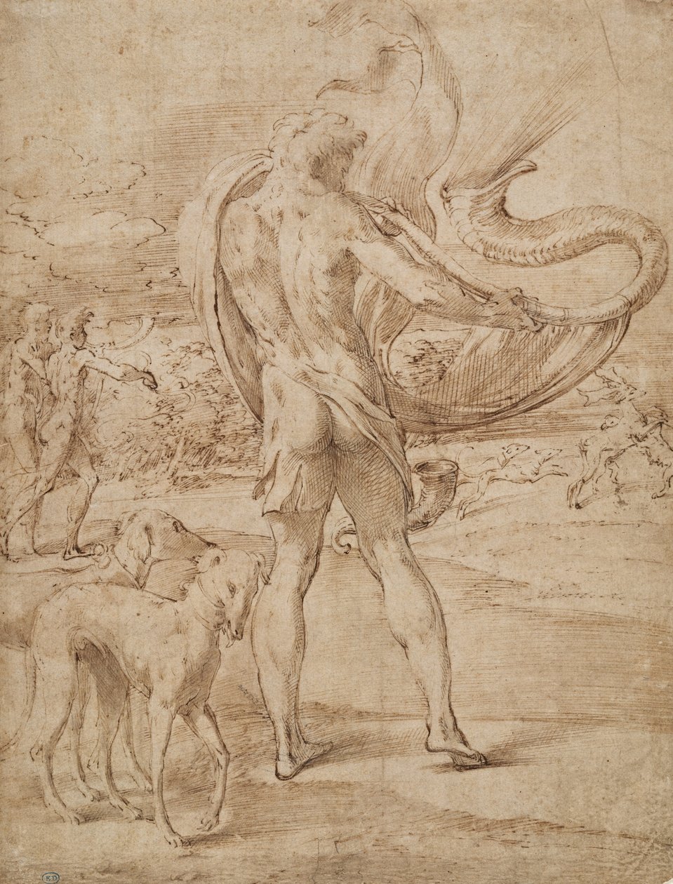 Jaktmenn som låter på hornet sitt med en staghunt i det fjerne av Parmigianino