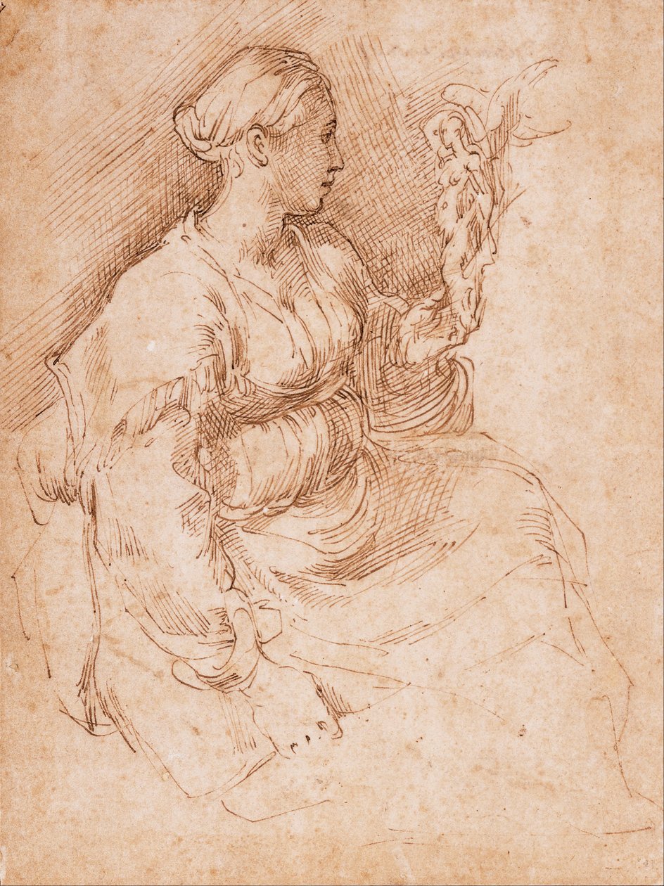 Kvinne sitter og holder en seierstatuett av Parmigianino