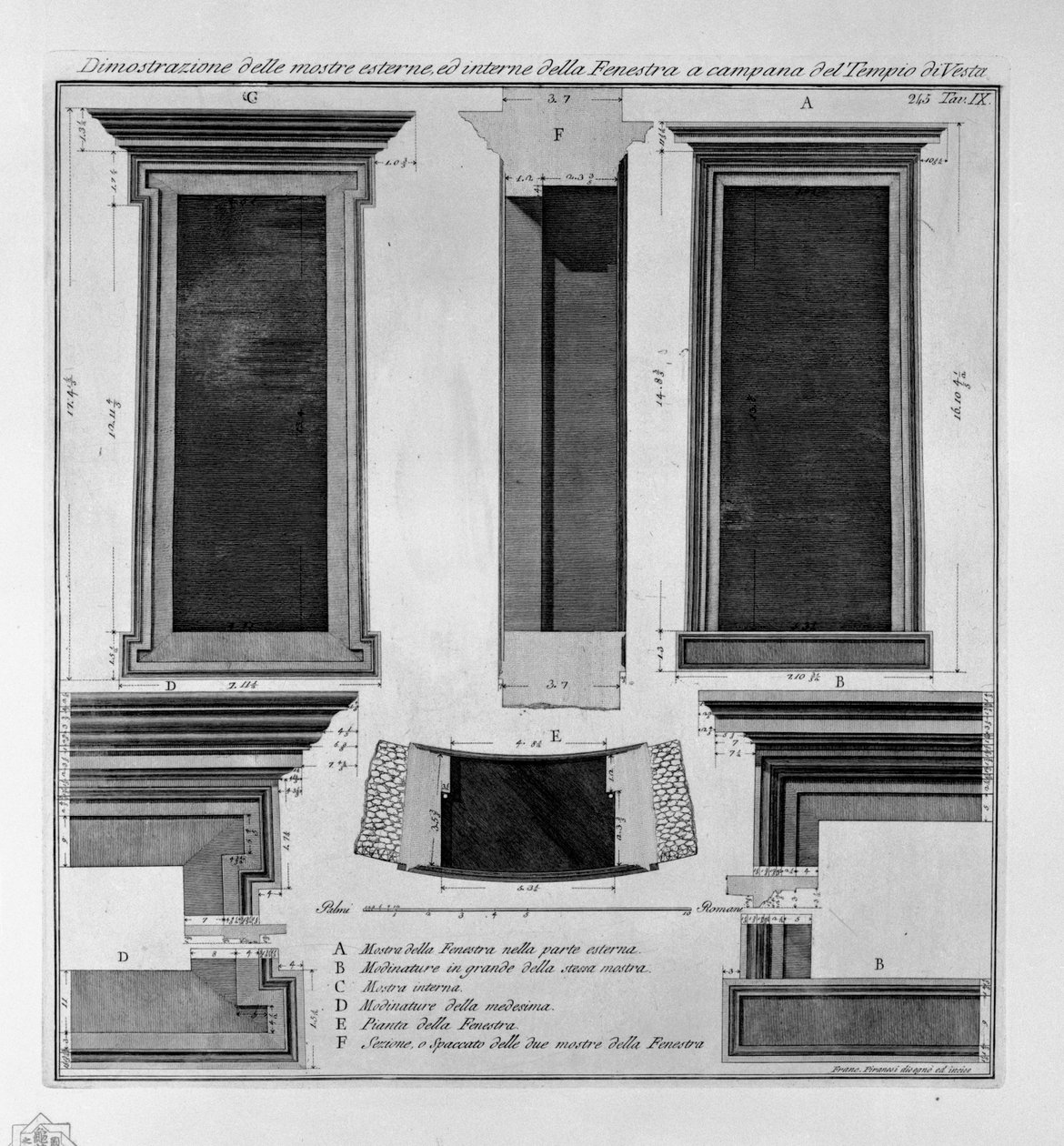 Demonstrasjon av de eksterne og interne utstillingene til den klokkeformede Fenestra i Vesta-tempelet av Francesco Piranesi