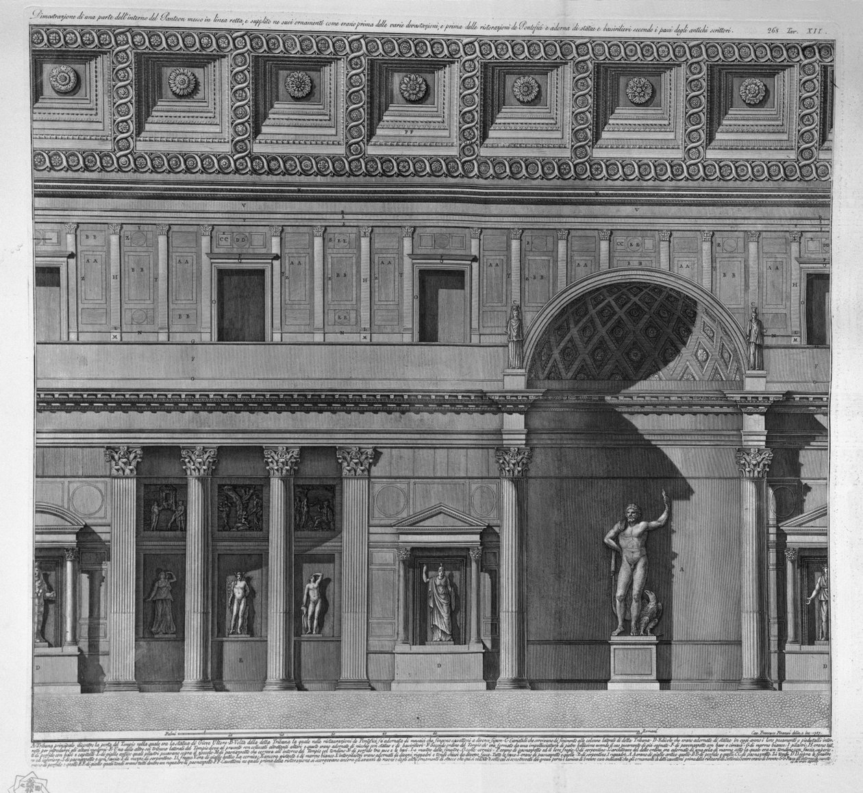 Demonstrasjon av en del av det indre av Pantheon plassert i en rett linje, og innredet i dens ornamenter slik de var før de forskjellige ødeleggelsene, og før restaureringene av pavene og prydet med statuer og basrelieffer i henhold til passasjene til gamm av Francesco Piranesi