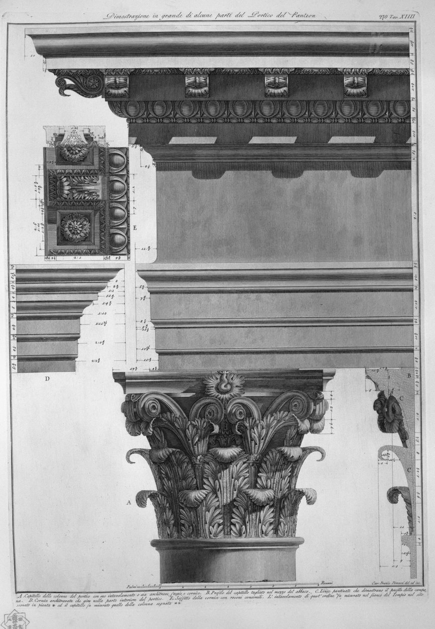 Stor demonstrasjon av noen deler av Portico of Pantheon av Francesco Piranesi